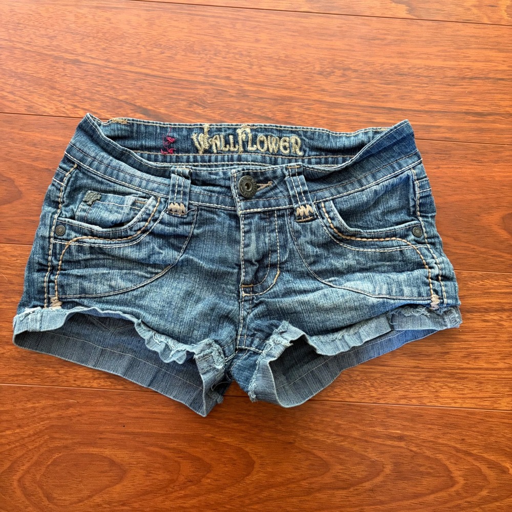 Y2K Boho Denim Jean Shorts Embroidered Pockets Faded Blue Ramie Cotton Size 0